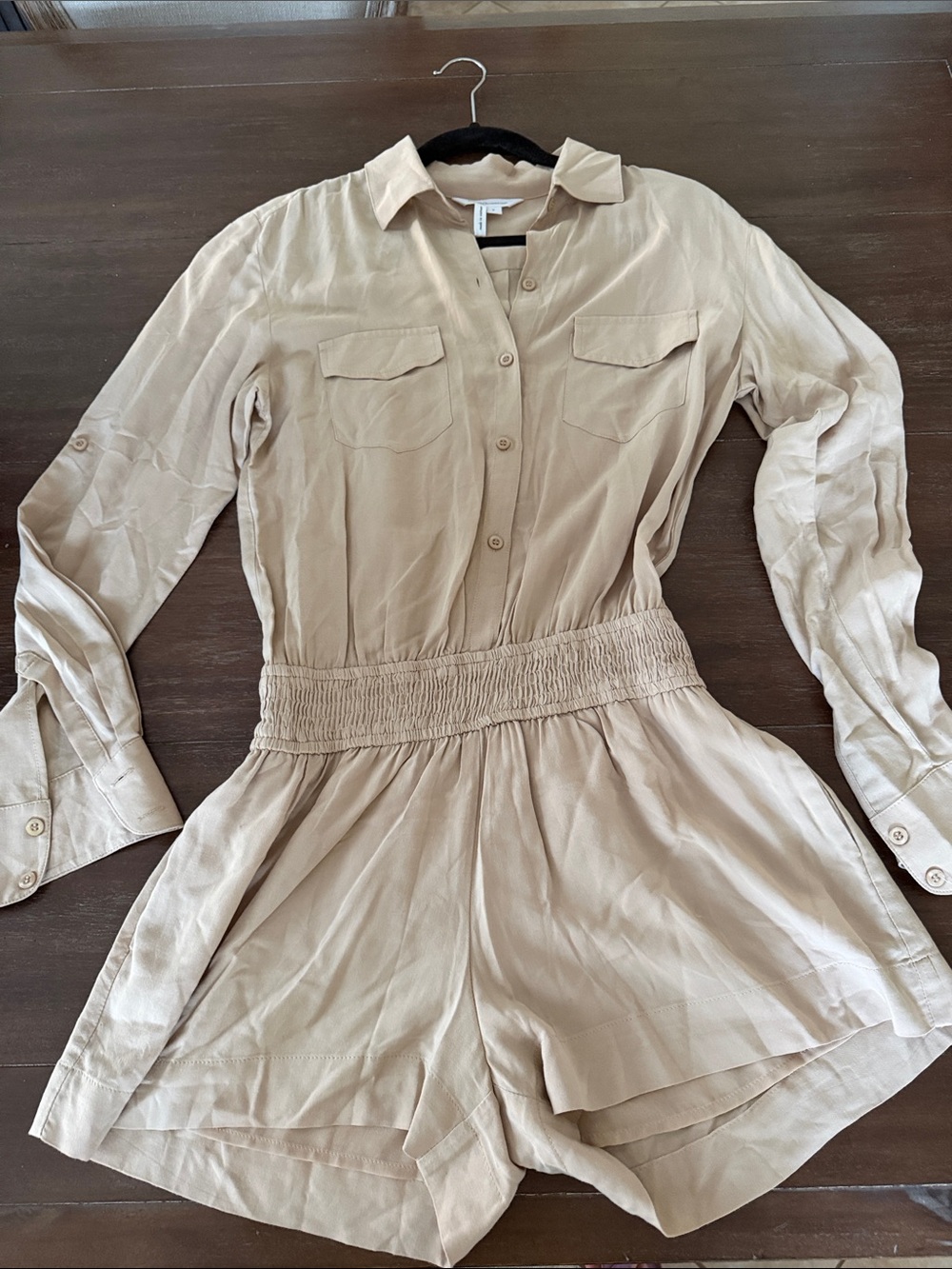 BCBGeneration Tan Button-Front Shirred-Waist Romper